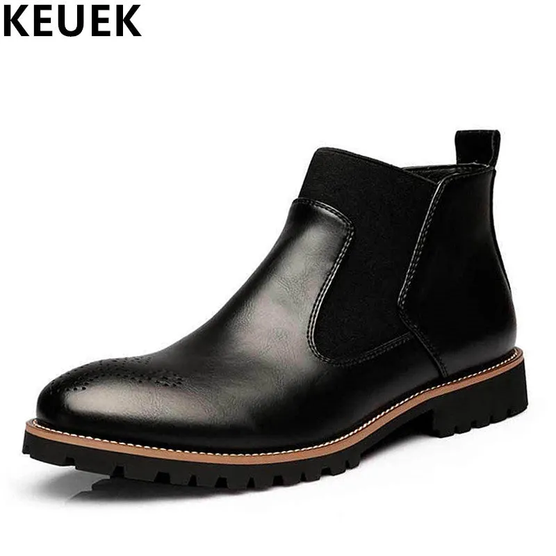 Big Size Autumn Winter Men Martin boots Slip-On Pointed Toe Chelsea Boots Genuine leather Breathable Ankle Boots