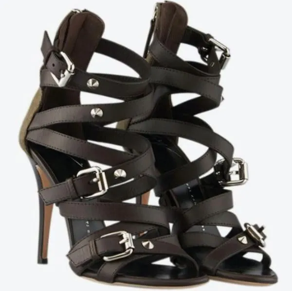 Black Buckle Leather High Heel Cutout Sandals