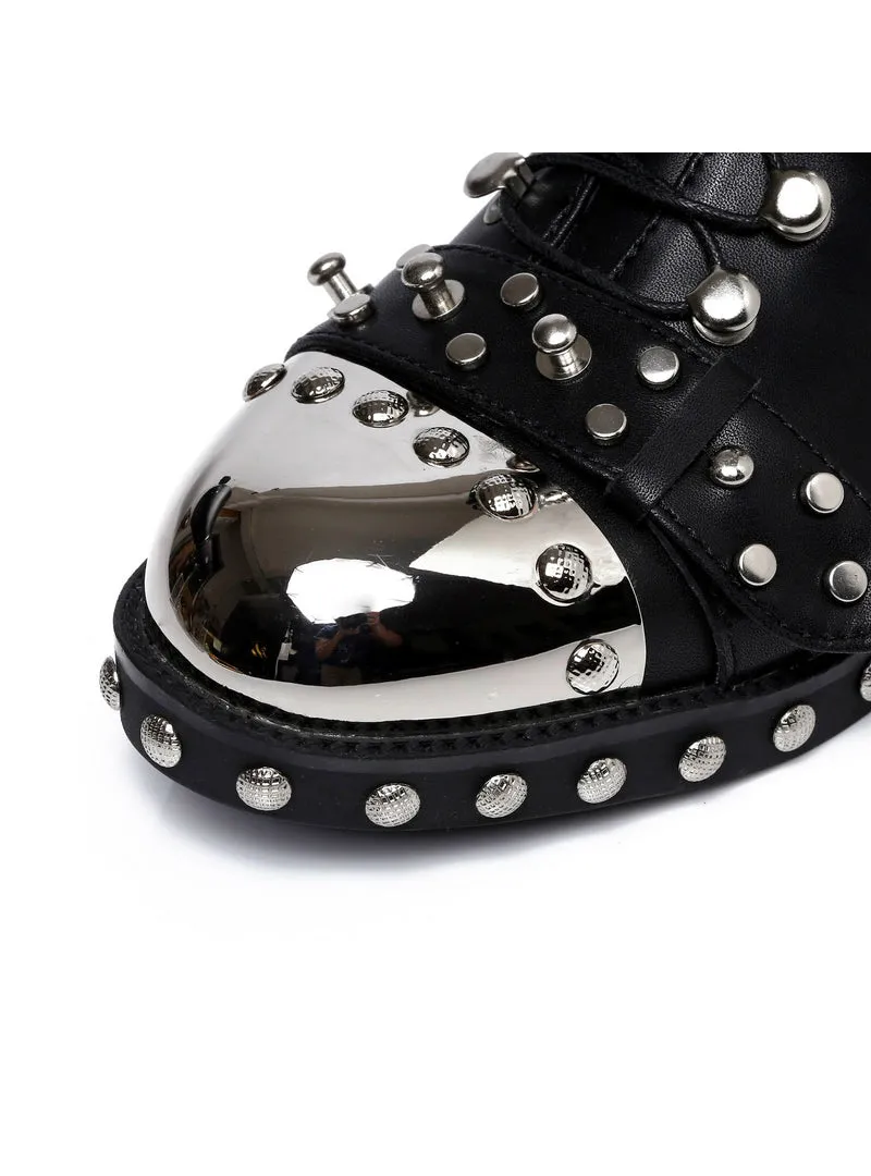 Black Flats Genuine Leather Studded Lace Up Ankle Boots