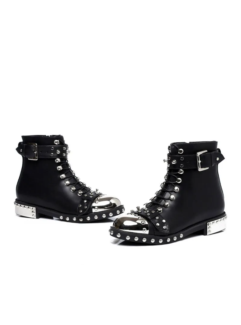 Black Flats Genuine Leather Studded Lace Up Ankle Boots