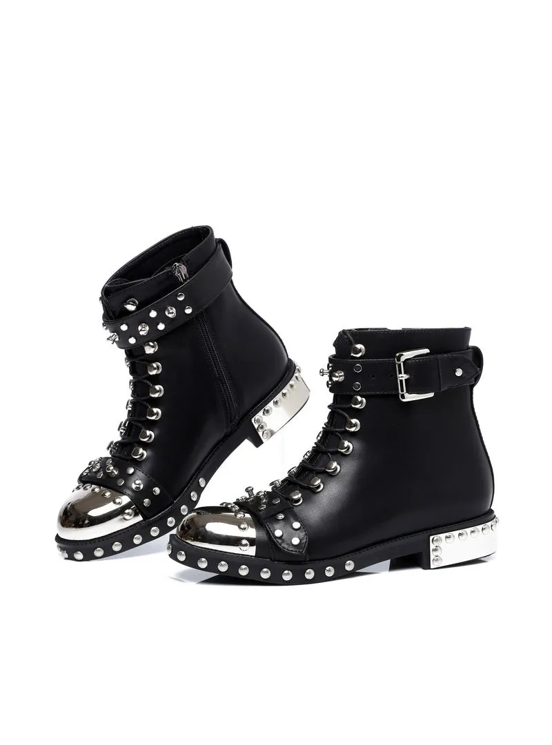 Black Flats Genuine Leather Studded Lace Up Ankle Boots