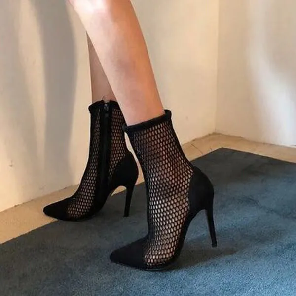 Black High Heel Mesh Closed Pointed Toe Heels