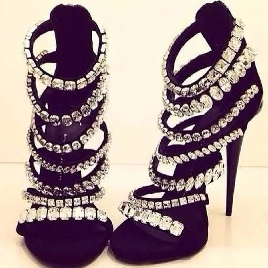 Black Wedge Heel Suede Rhinestone Sandals