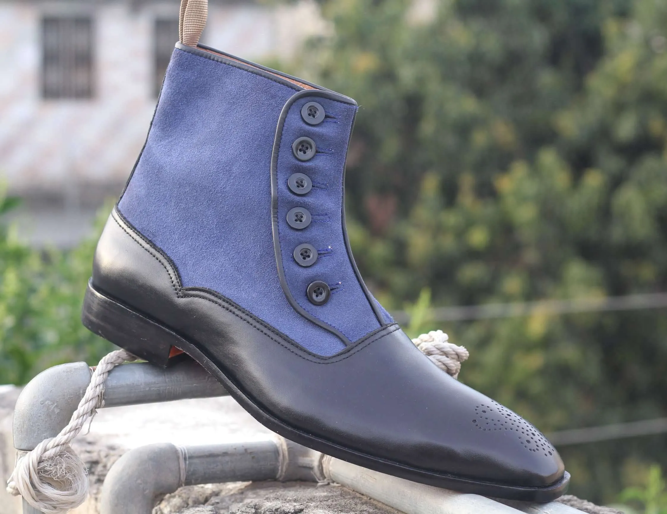 Designer Handmade Men's Black Blue Brogue Toe Ankle High Boots, Men Leather Suede Button Boots