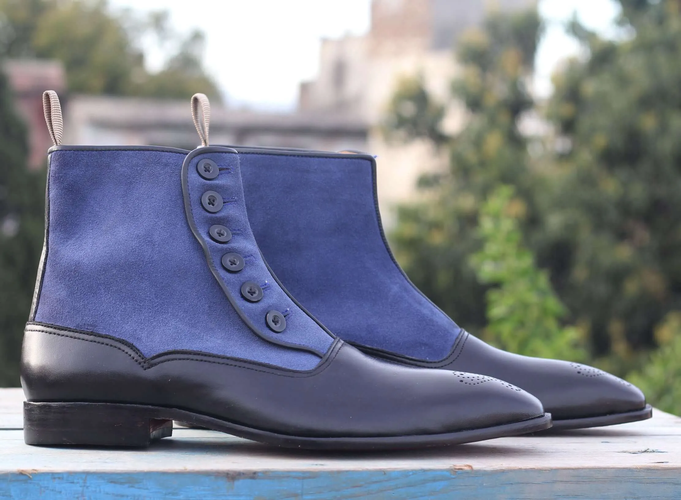 Designer Handmade Men's Black Blue Brogue Toe Ankle High Boots, Men Leather Suede Button Boots