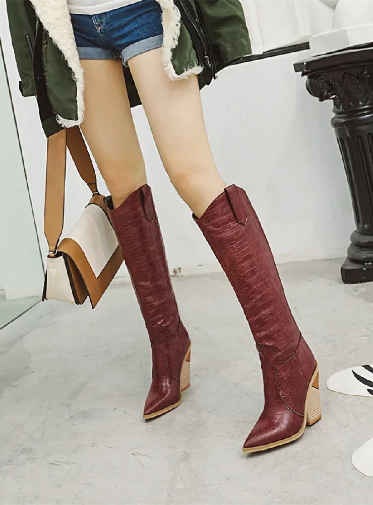 Embossed Wood Grain Fish Scale Pointed High Boots