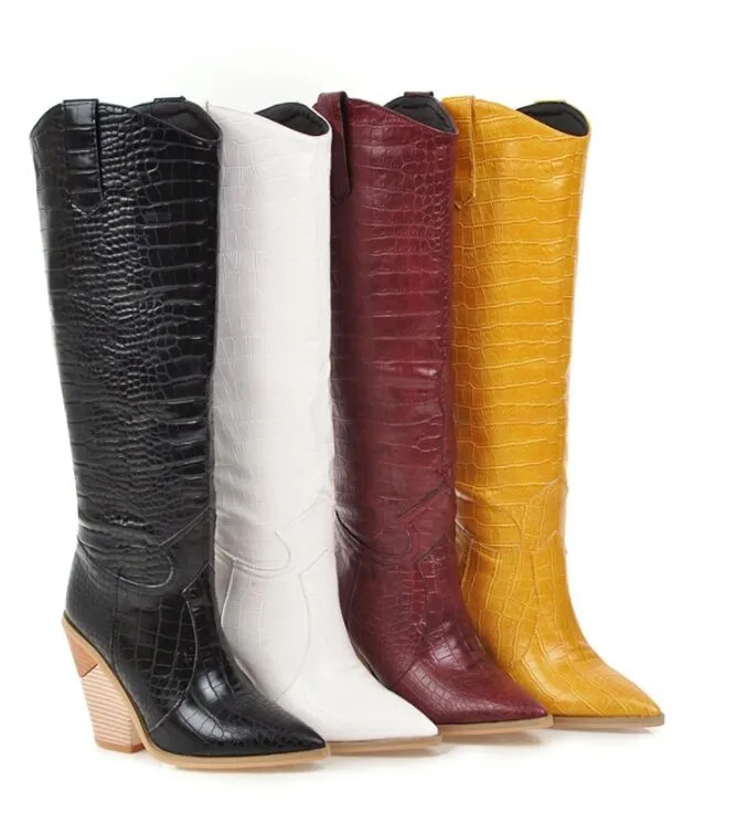 Embossed Wood Grain Fish Scale Pointed High Boots