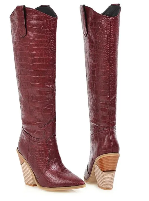 Embossed Wood Grain Fish Scale Pointed High Boots