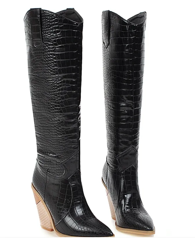 Embossed Wood Grain Fish Scale Pointed High Boots