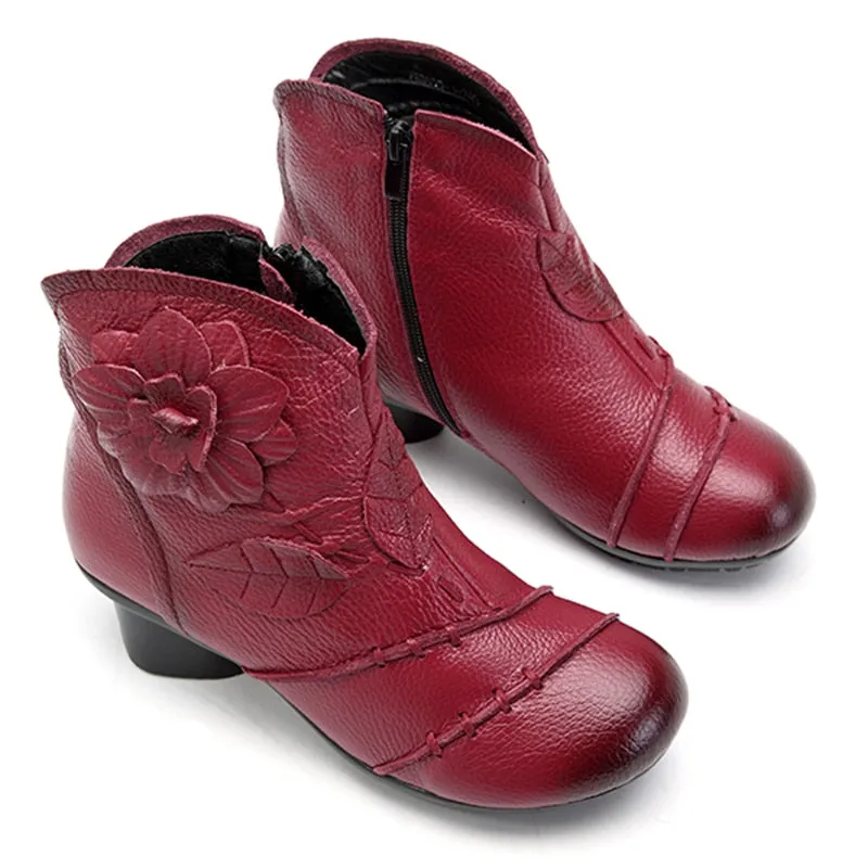 Fashion Women's Leather Floral Square Heel Winter Boots - Red,Gray