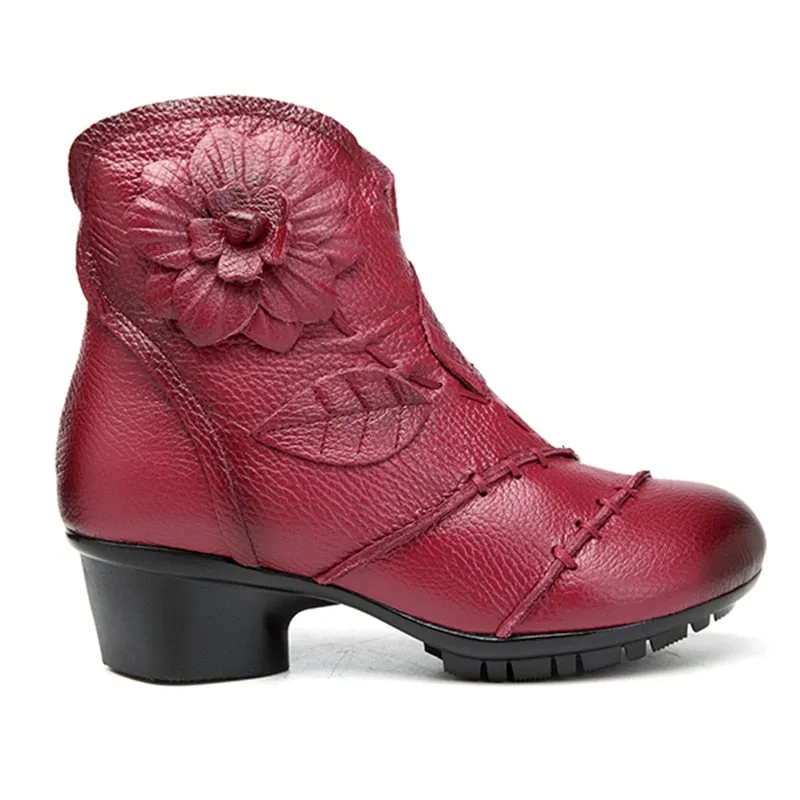 Fashion Women's Leather Floral Square Heel Winter Boots - Red,Gray