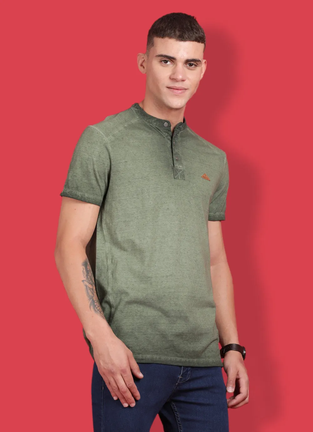 Green Cotton  Henley Tshirt