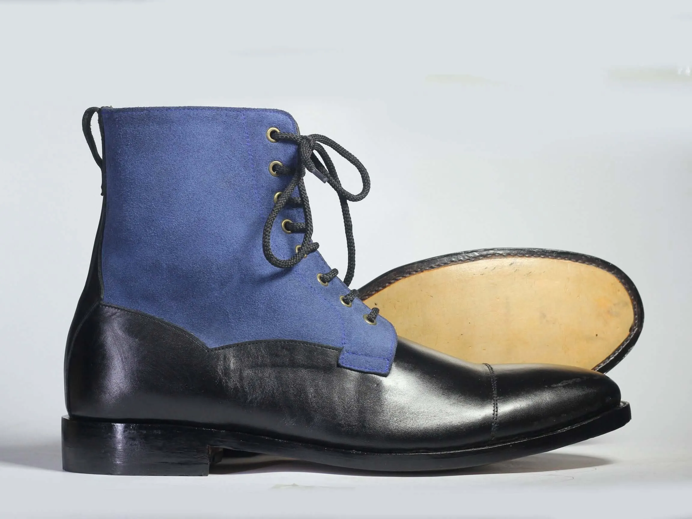 Handmade Black Leather & Blue Suede ankle High Boots, Men Designer Boots