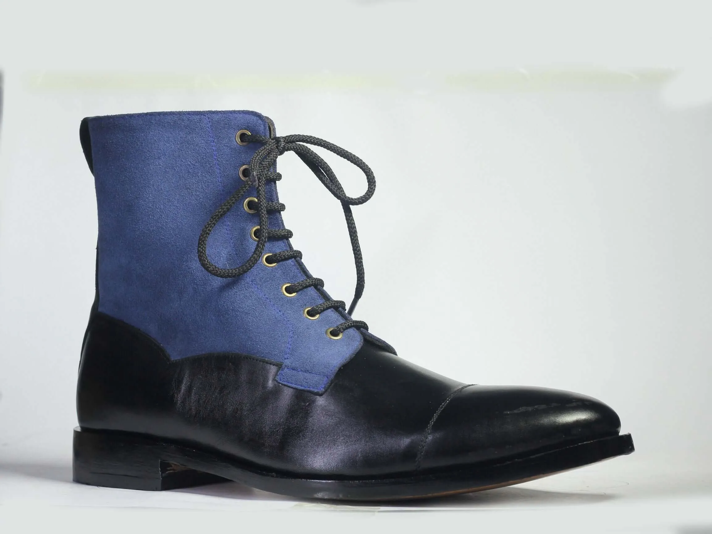 Handmade Black Leather & Blue Suede ankle High Boots, Men Designer Boots