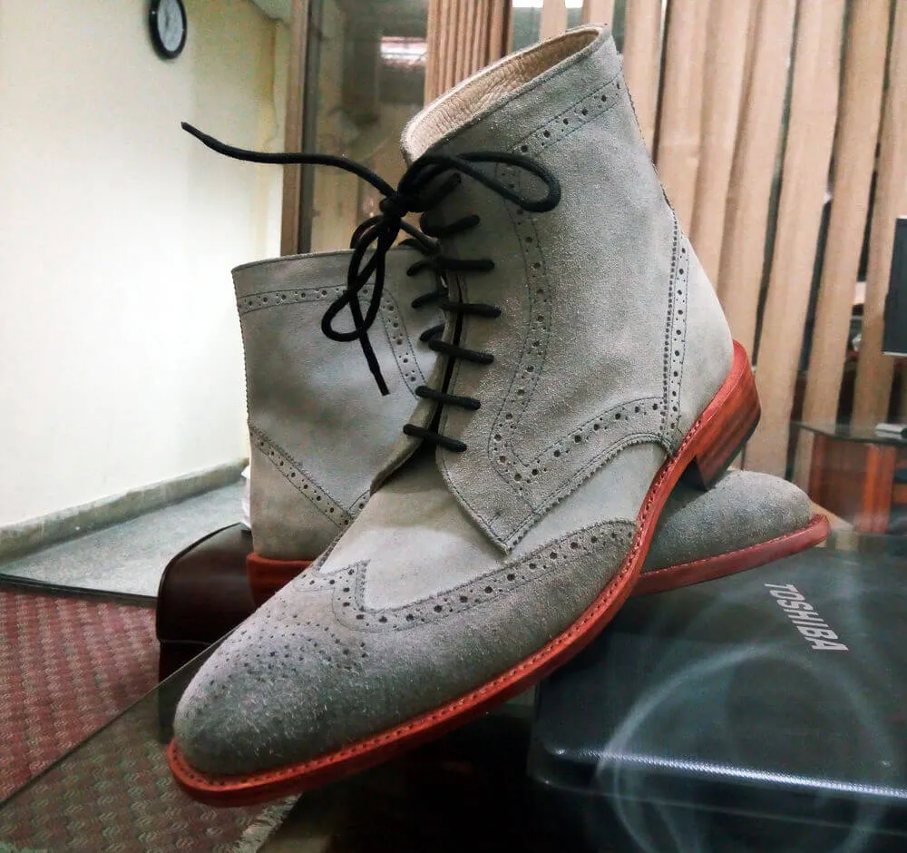 Handmade Custom Men Gray Brogue Suede Boots, Men Ankle High Designer Formal Boots