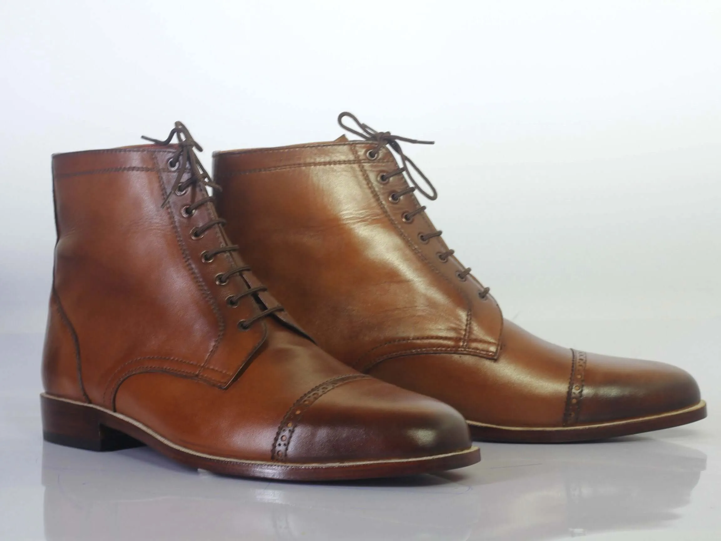 Handmade Men's Brown Leather Cap Toe Lace Up Boots, Men Ankle Boots, Men Designer Boots