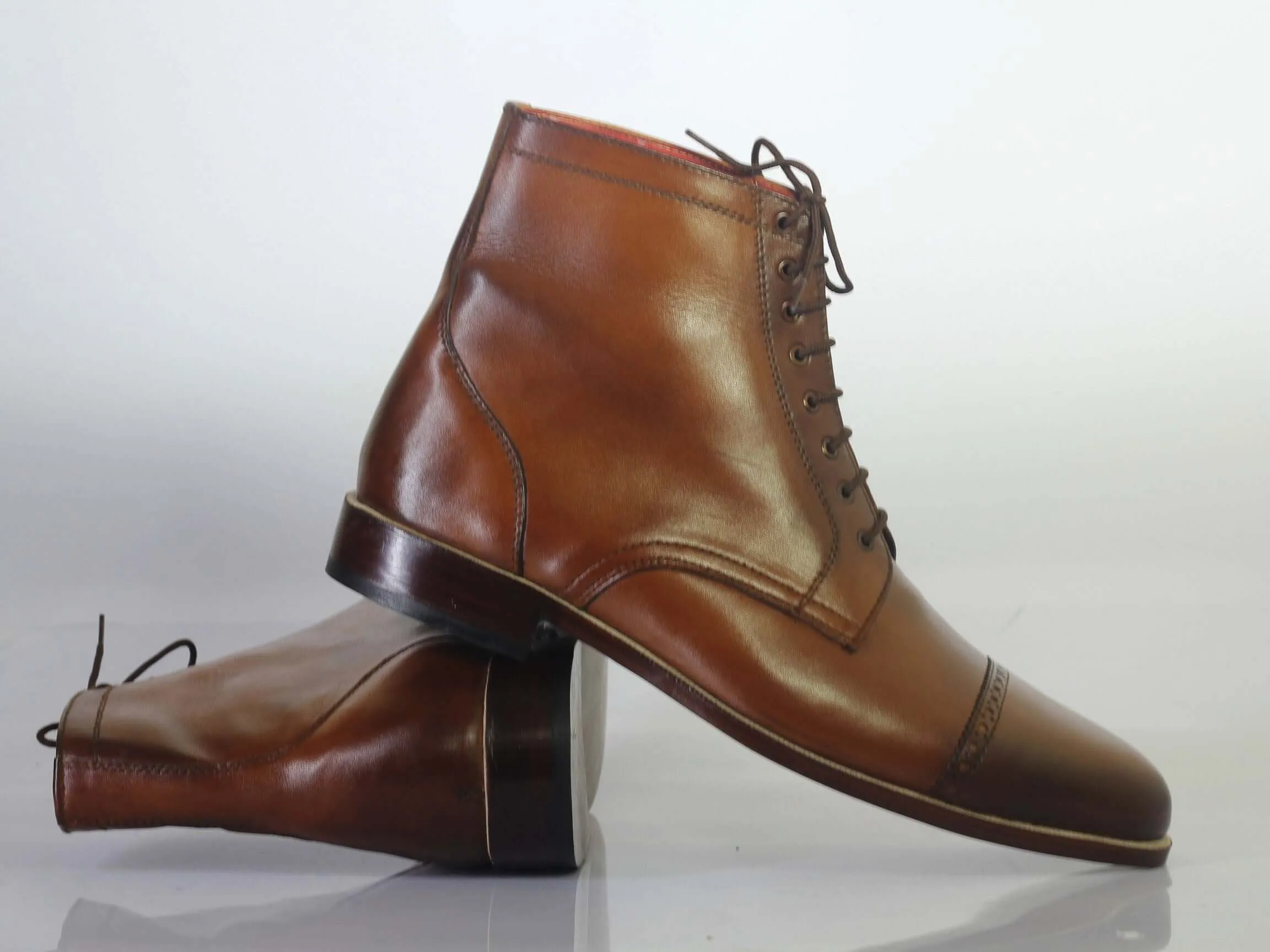 Handmade Men's Brown Leather Cap Toe Lace Up Boots, Men Ankle Boots, Men Designer Boots