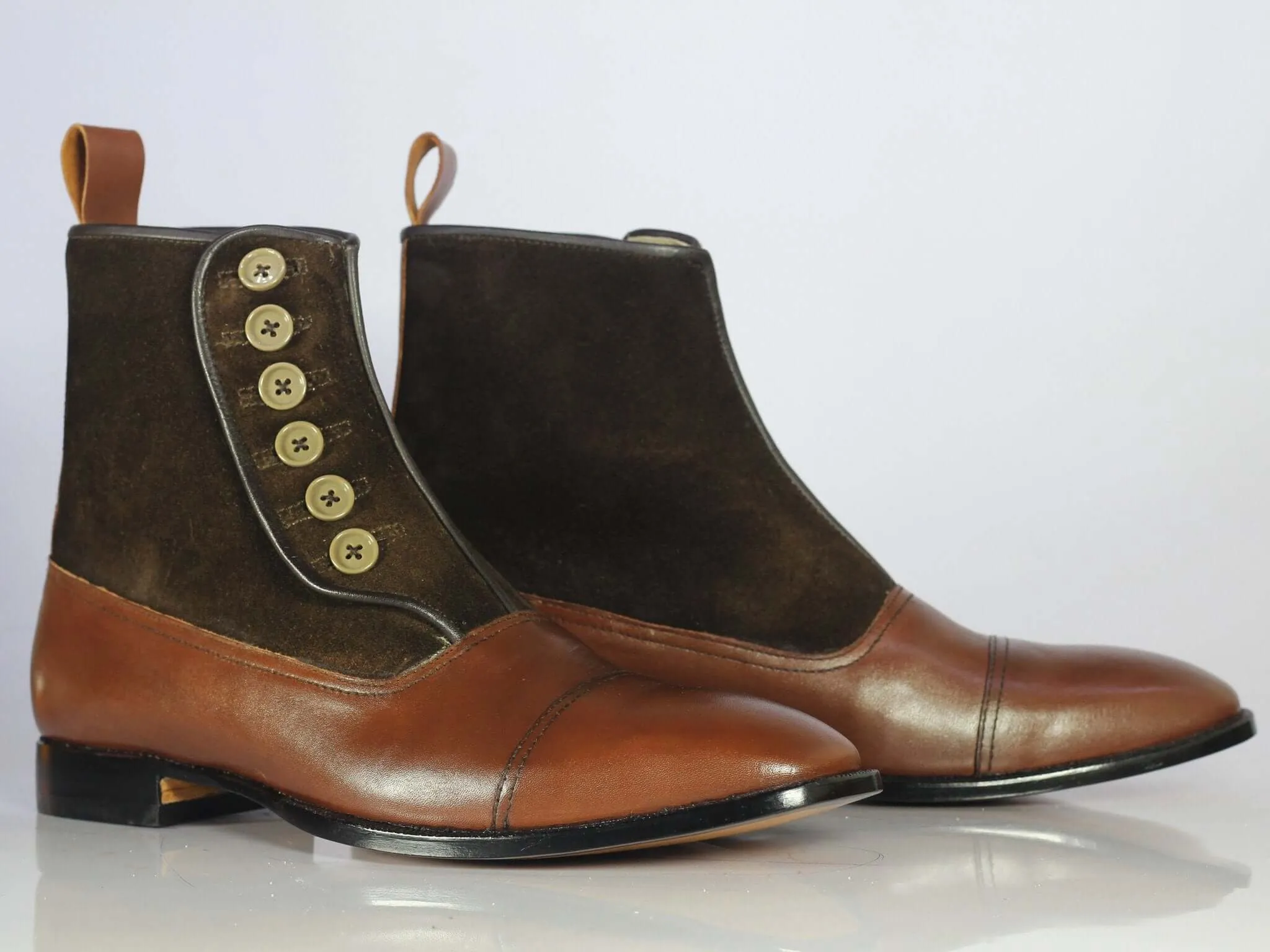 Handmade Men's Brown Leather Suede Cap Toe Button Boots, Men Ankle Boots, Men Fashion Boots