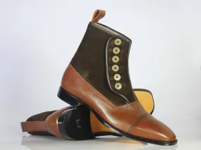 Handmade Men's Brown Leather Suede Cap Toe Button Boots, Men Ankle Boots, Men Fashion Boots