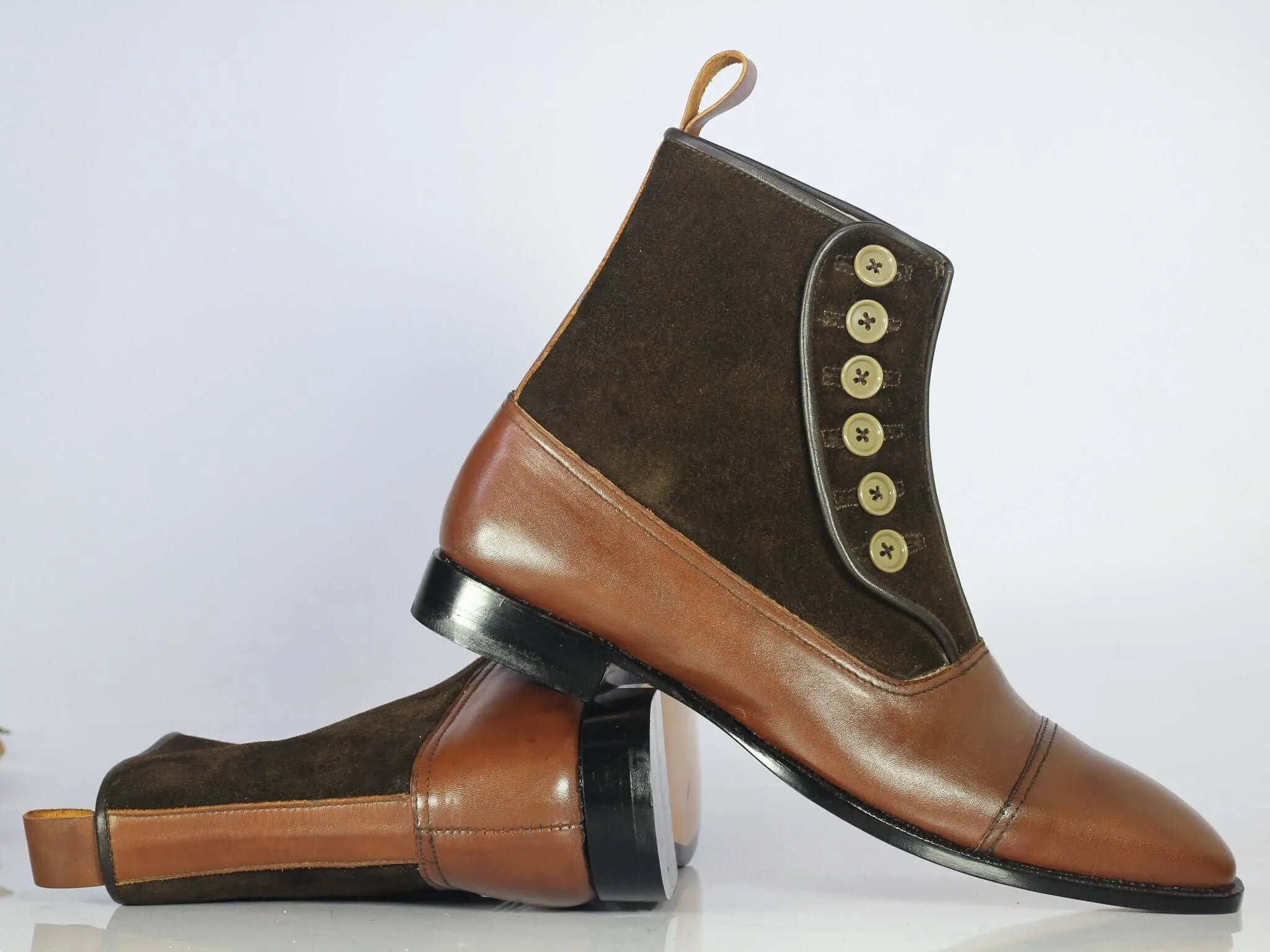 Handmade Men's Brown Leather Suede Cap Toe Button Boots, Men Ankle Boots, Men Fashion Boots