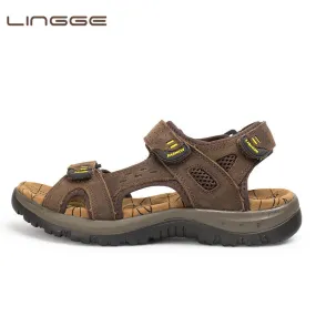 LINGGE Top Quality New 2018 Men Sandals Summer Genuine Leather Sandals Men Outdoor Shoes Men Leather Sandals Plus Size 38-45