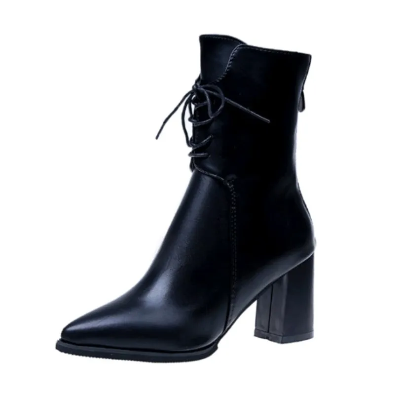 Women's Autumn/Winter PU Leather High-Heeled Lace-Up Ankle Boots