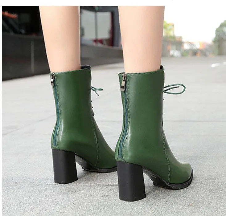 Women's Autumn/Winter PU Leather High-Heeled Lace-Up Ankle Boots