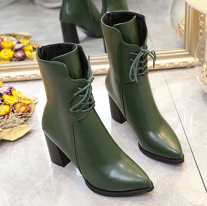 Women's Autumn/Winter PU Leather High-Heeled Lace-Up Ankle Boots