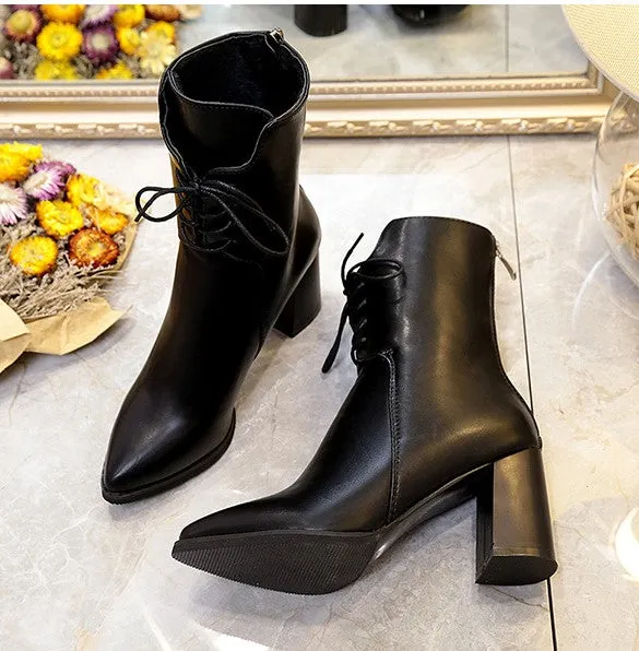 Women's Autumn/Winter PU Leather High-Heeled Lace-Up Ankle Boots