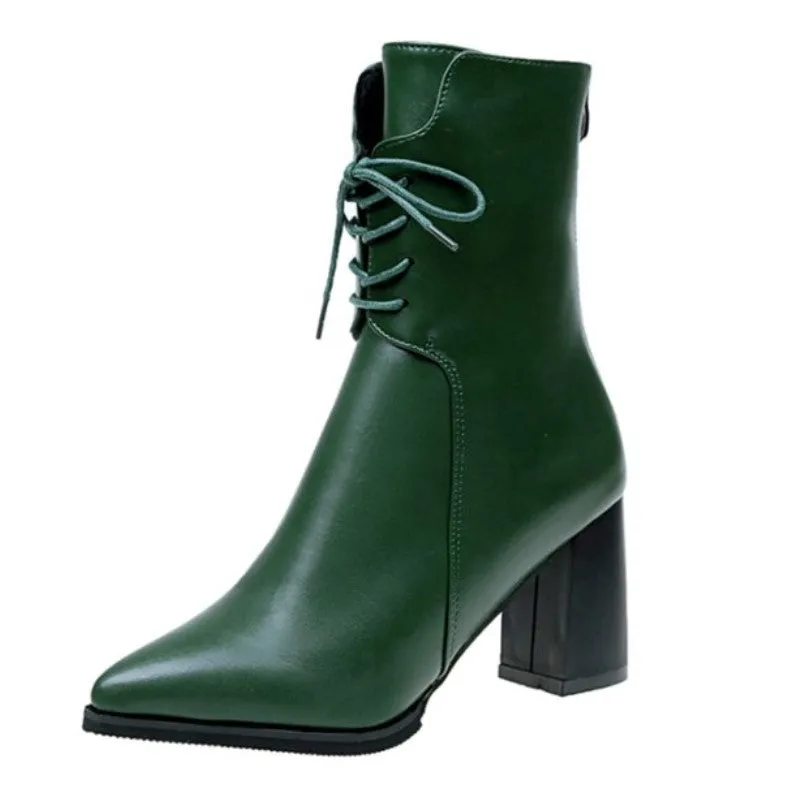 Women's Autumn/Winter PU Leather High-Heeled Lace-Up Ankle Boots