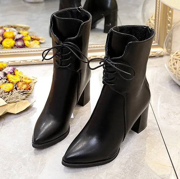 Women's Autumn/Winter PU Leather High-Heeled Lace-Up Ankle Boots