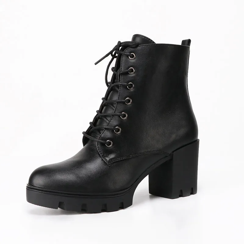 Women's Leather Ankle Boots With Thick High Heels