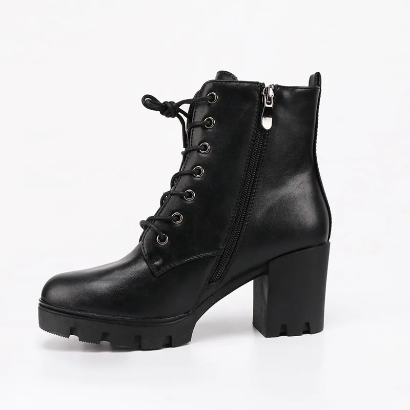 Women's Leather Ankle Boots With Thick High Heels