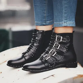 Women's Winter PU Leather Ankle Boots With Decorative Buckles