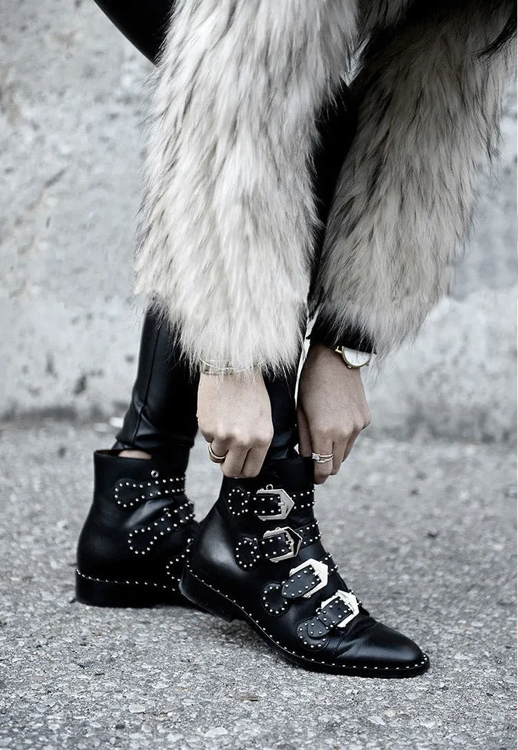 Women's Winter PU Leather Ankle Boots With Decorative Buckles